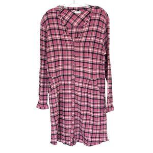 Garnet Hill Plaid V Neck Shirt Dress Pink Black Crinkled Cotton Pockets 12 Casua